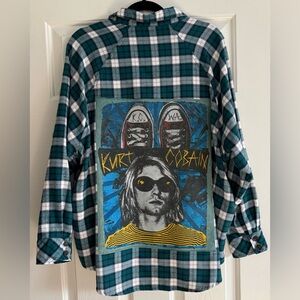 Kurt Cobain Upcycled Flannel Top With Quote Patch